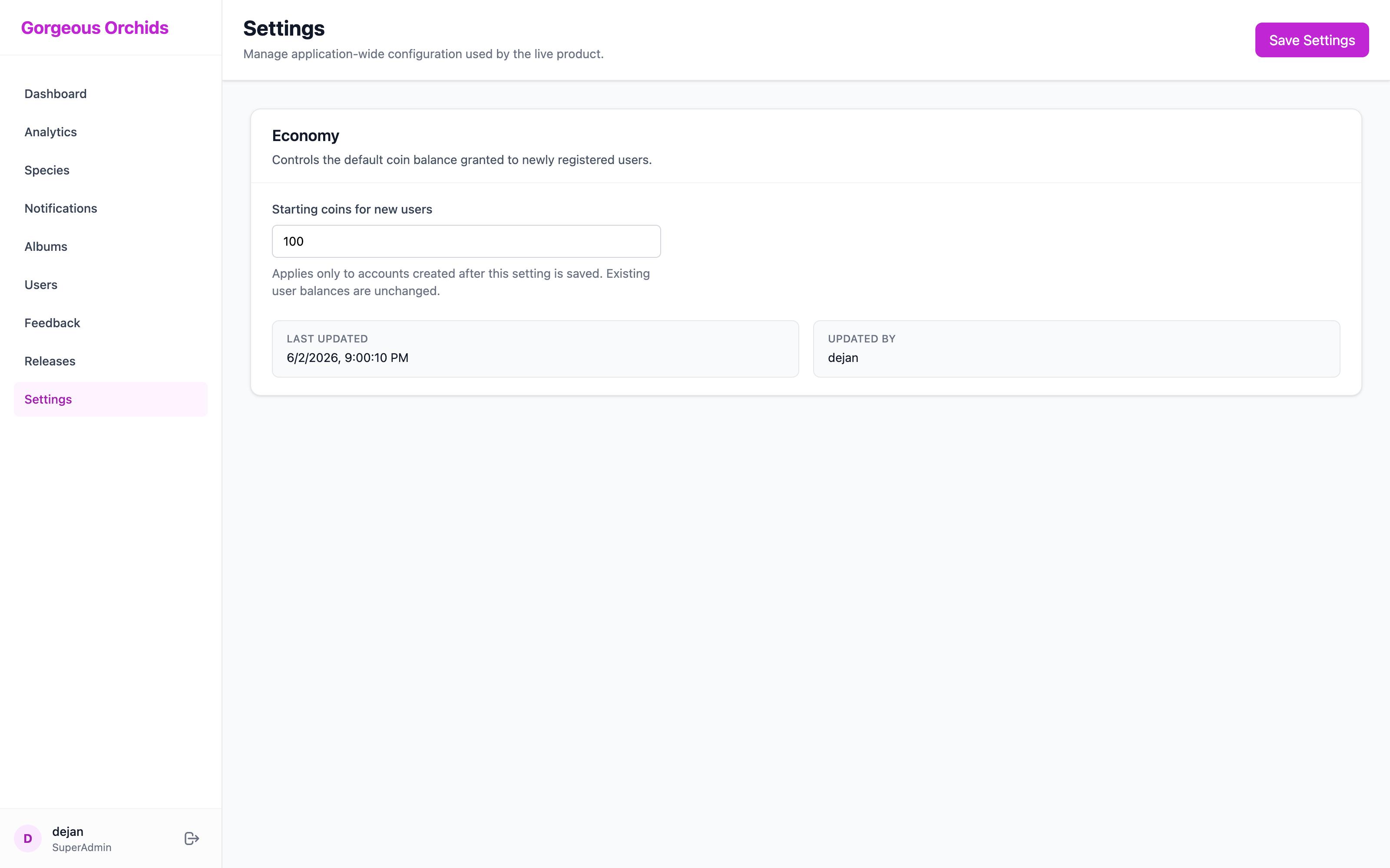Admin Dashboard - Settings