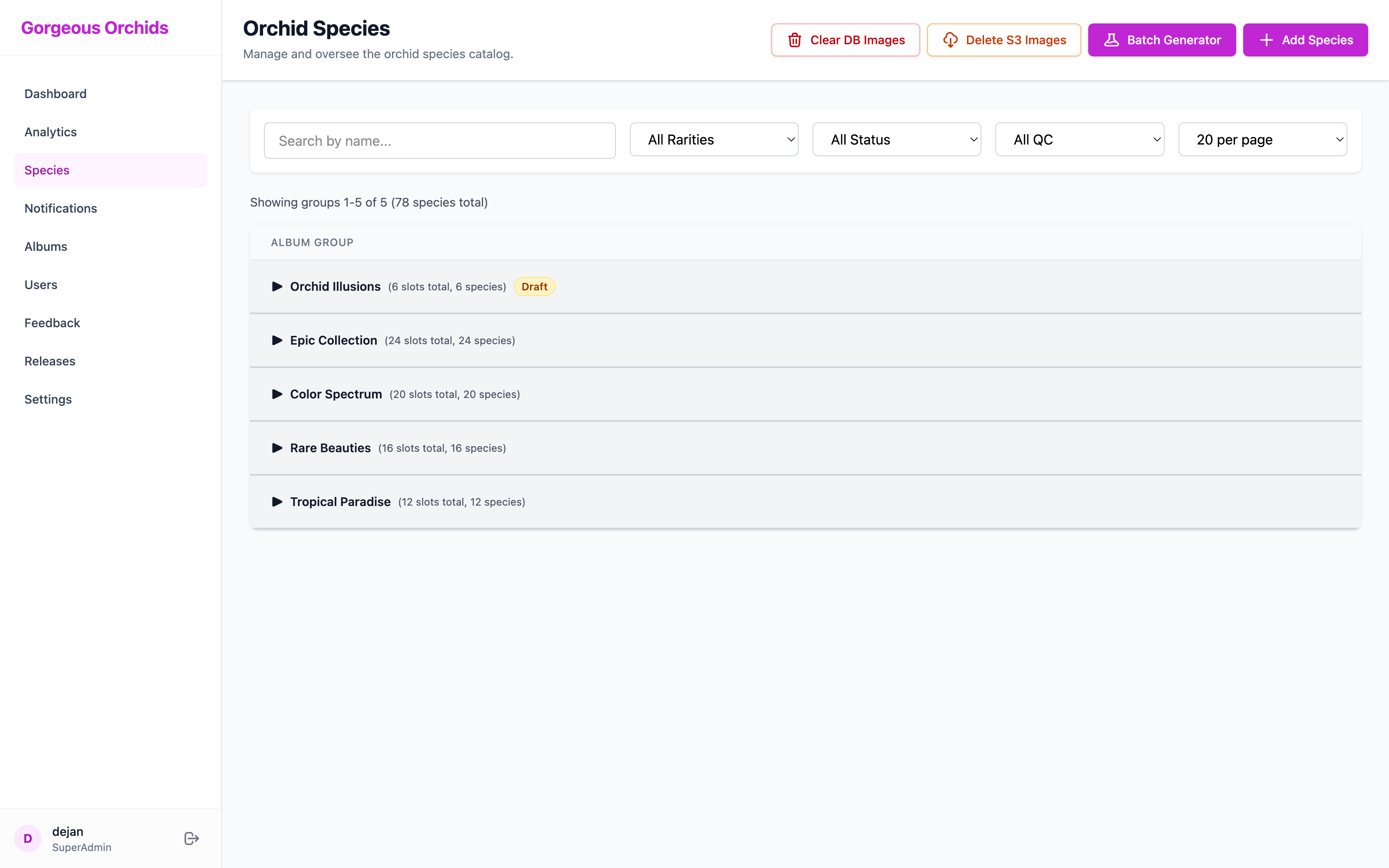 Admin Dashboard - Species Collapsed