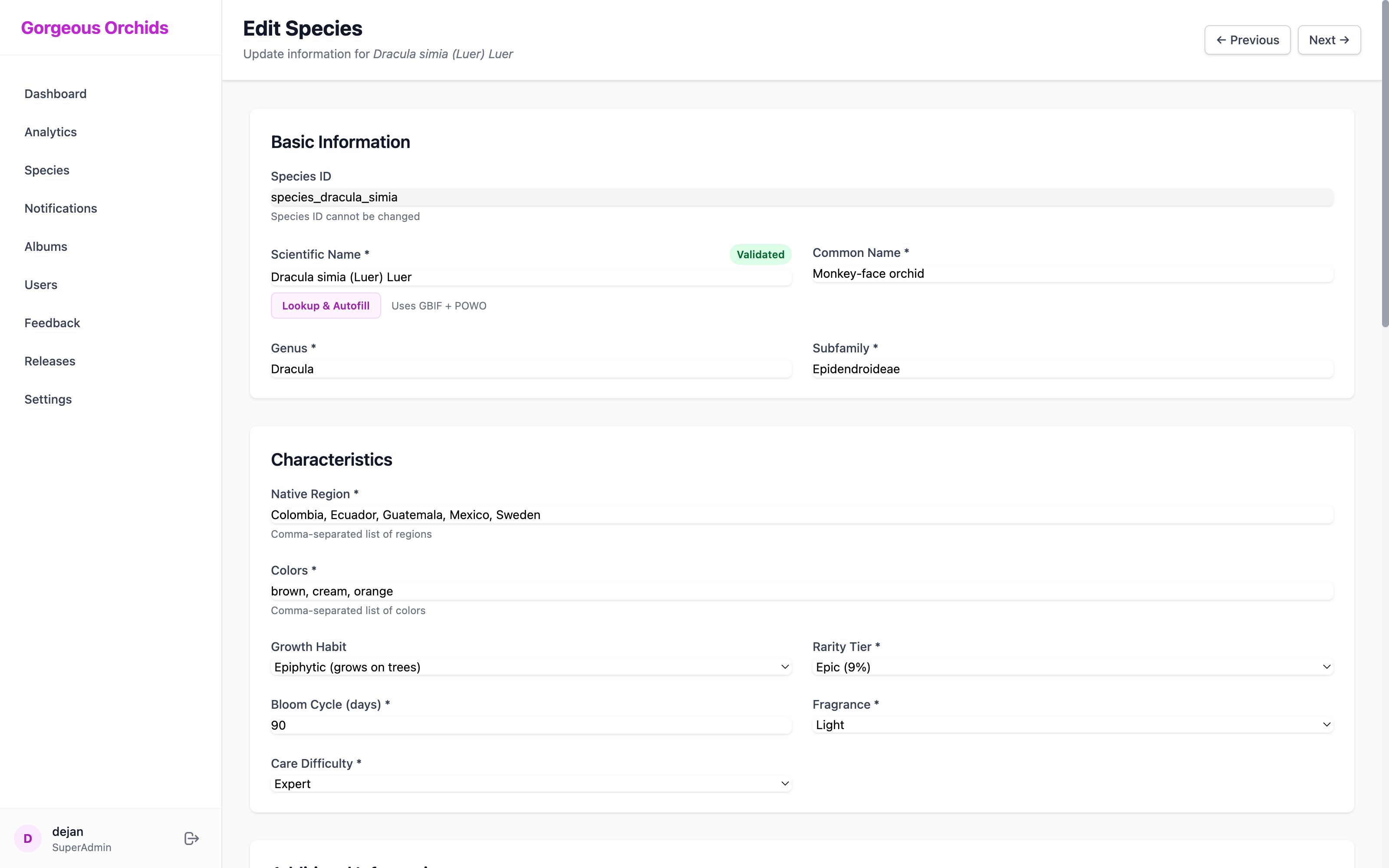 Admin Dashboard - Edit Species